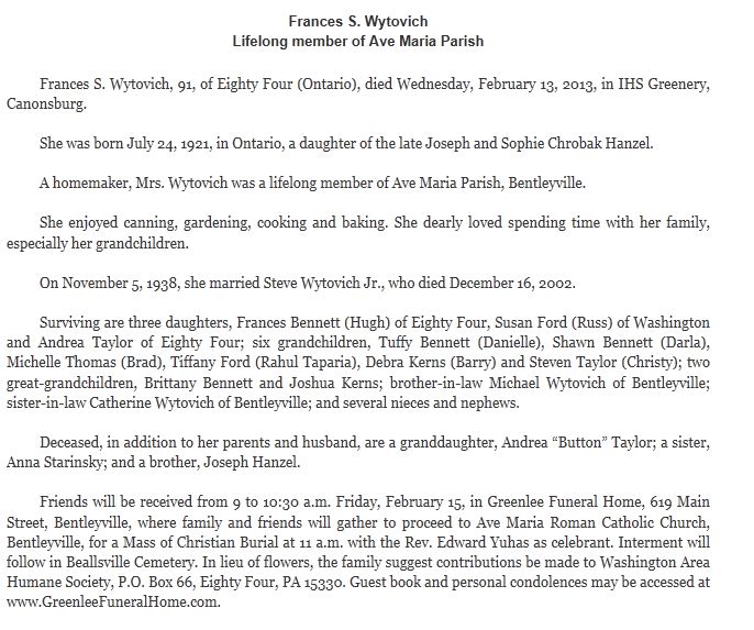 Frances S. Wytovich obit